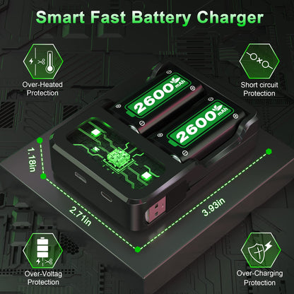 Rechargeable Battery Packs for Xbox Series X|S/Xbox One, Ponkor 4x2600mAh Batteries with High-Speed Charging Station for Xbox One S/Xbox One X/Xbox One Elite Controller
