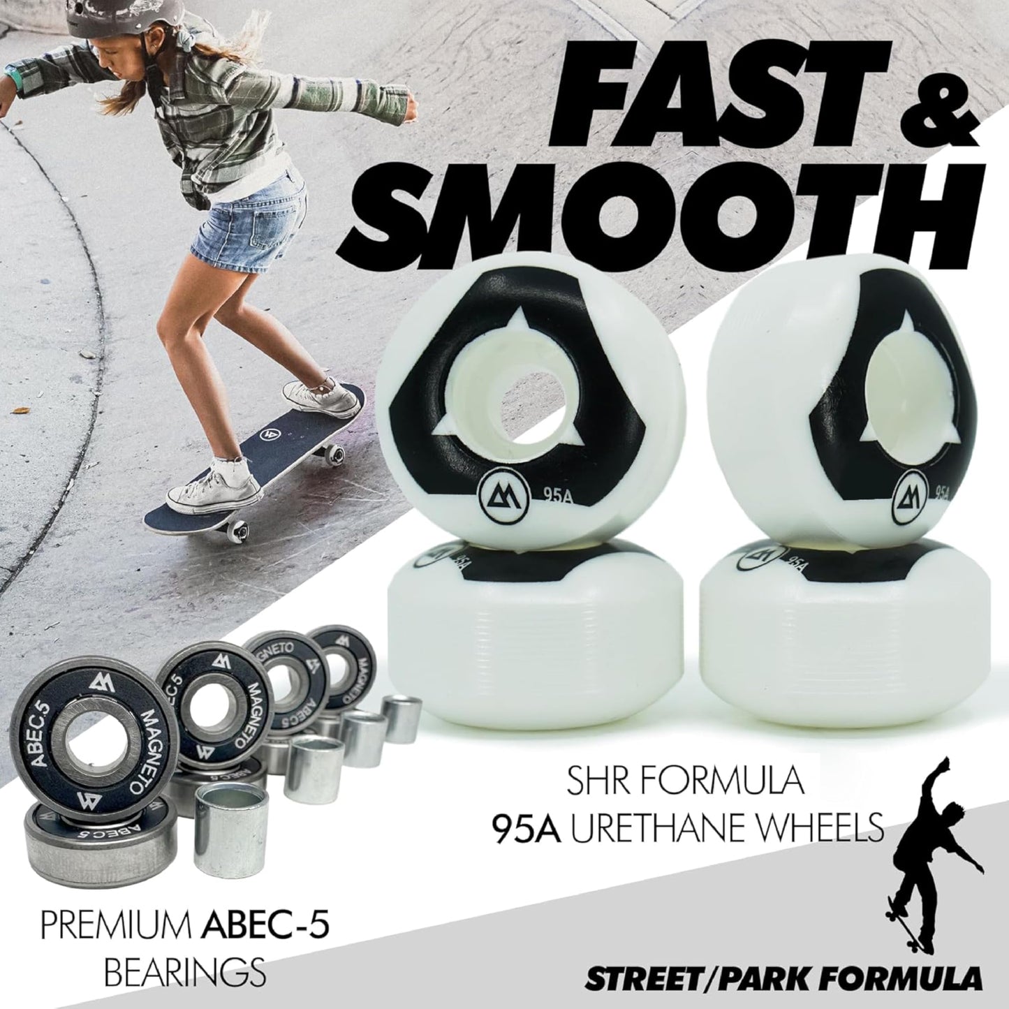 Magneto Complete Skateboard Maple Wood - ABEC 5 Bearings - Double Kick Concave Deck - Kids Skateboard - for Beginners, Teens & Adults (Free Stickers Included)