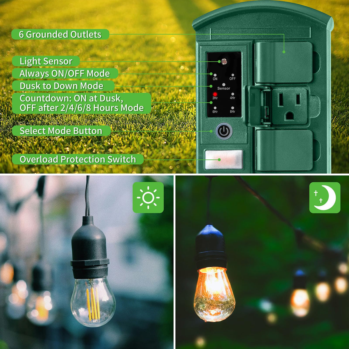 Outdoor Power Stake Timer for Christmas Light Decorations Waterproof, Dusk to Dawn, Outdoor Power Strip with 6 Outlets, 1875W/15A, 100FT Wireless Remote Control, 25FT Extension Cord, Heavy Duty