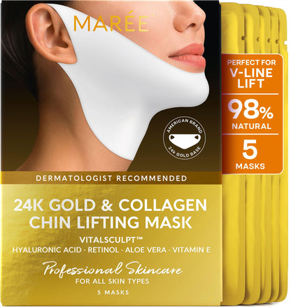 MAREE Collagen Facial Mask with Hyaluronic Acid - Hydrating Face Masks Skincare - Mascarillas Faciales For Women Skin Care - Gold, 5 Count