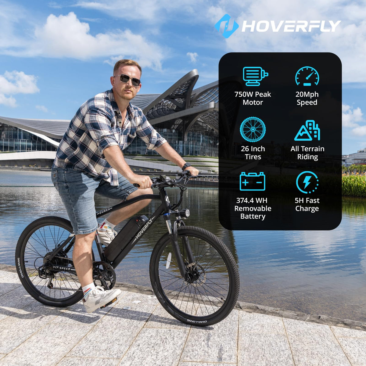 HOVERFLY OUREA 26" Electric Bike for Adults, 750W Peak Motor Mountain Ebike, 20MPH Up to 40 Miles, UL2849 Certified, 7-Speed, Removable Battery, Shock Absorber, Fat Tire Commuter E-Bike