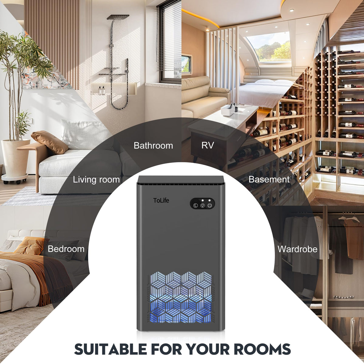 ToLife Dehumidifiers for Home 95 OZ Water Tank, 1000 sq.ft Dehumidifier for Basement Bedroom Bathroom with Auto Shut Off 7 Colors LED Light,Grey