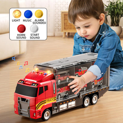 NIPLOOOW Toddler Boys Toys for 3-5 Years Old, Fire Truck Vehicle Set with Play Mat and Die-Cast Toy Car, Transport Carrier Truck for Kids 3-5, Birthday Gifts Toys for 3-8+ Year Old Boys
