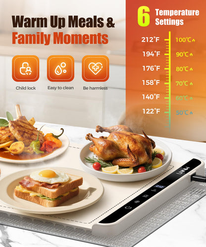 Extra Large Food Warming Mat with Heat-Resistant Pad, 36X15 Inch, 6 Temperature & 6 Timer Settings, Child Lock Safety, Fits More Dishes for Family Dinners and Parties