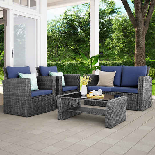 Wisteria Lane 4 Piece Outdoor Patio Furniture Sets, Wicker Conversation Set for Porch Deck, Grey Rattan Sofa Chair with Cushion （Blue