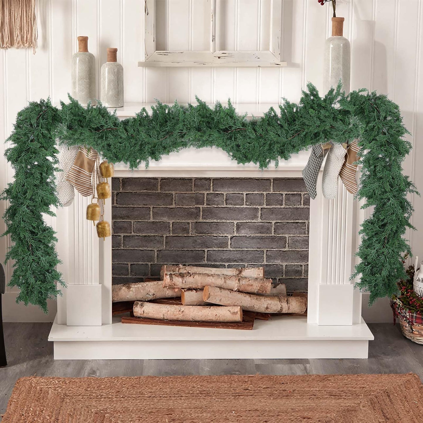 Hananona 9 FT Artificial Cedar Garlands, Real Touch Winter Cedar Pine Garland, Green Artificial Greenery Garland for Table, Mantle, Wall, Indoor, Outdoor Christmas Decorations (1, 9 FT)