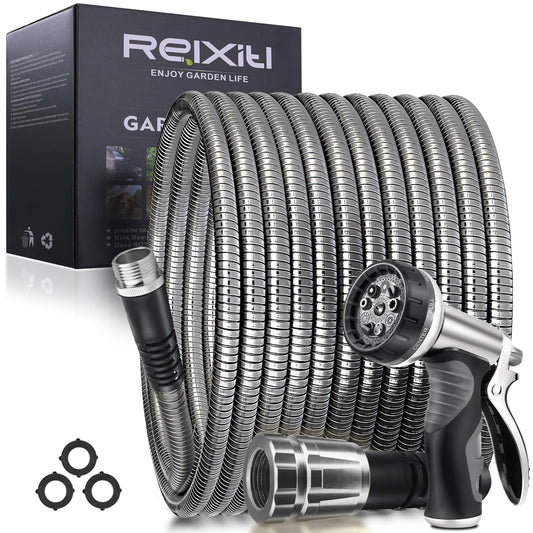 25FT Metal Garden Hose - Stainless Steel, Heavy Duty, Flexible & Lightweight, Never Kink and Tangle, with 10-Function Nozzle, Pressure Resistant for Outdoor Use (Grey)