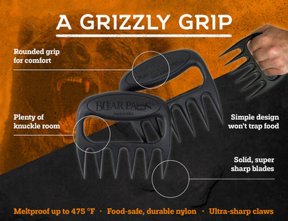 Bear Paws Meat Claws - The Original BBQ Meat Shredder Claws for Pulled Pork, USA Made - Easily Lift, Shred, Pull and Serve Pork, Chicken, Brisket and Turkey - Valentine’s Day Gifts for Men (Black)