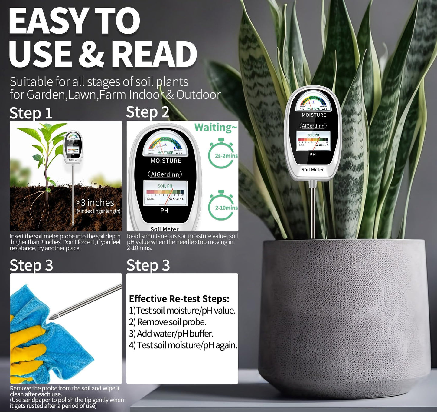 AiGerdinn Soil Test Kit, 2-in-1 Soil Moisture Meter, Soil pH Meter -Dual Dial-Simultaneously-Display Results-Soil pH Tester, Moisture Meter for Garden,Lawn,Farm Indoor&Outdoor Plants-PureWhite