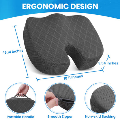 TushGuard Seat Cushion - Memory Foam Cushion for Office Chair, Car Seat, Airplane, Bleacher - Sciatica & Hip & Coccyx Pain Relief Cushions for Long Sitting Office Workers, Car Drivers (Grey, X-Large)