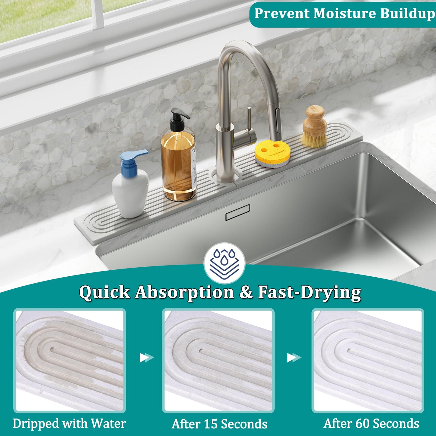 MAGKOTA Stone Faucet Mat for Kitchen Sink - Quick Dry Diatomite Sink Splash Guard, Prevents Moisture Buildup & Water Stains, Water Absorbing Stone Tray for Bathroom Countertop (White, 20" x 4")