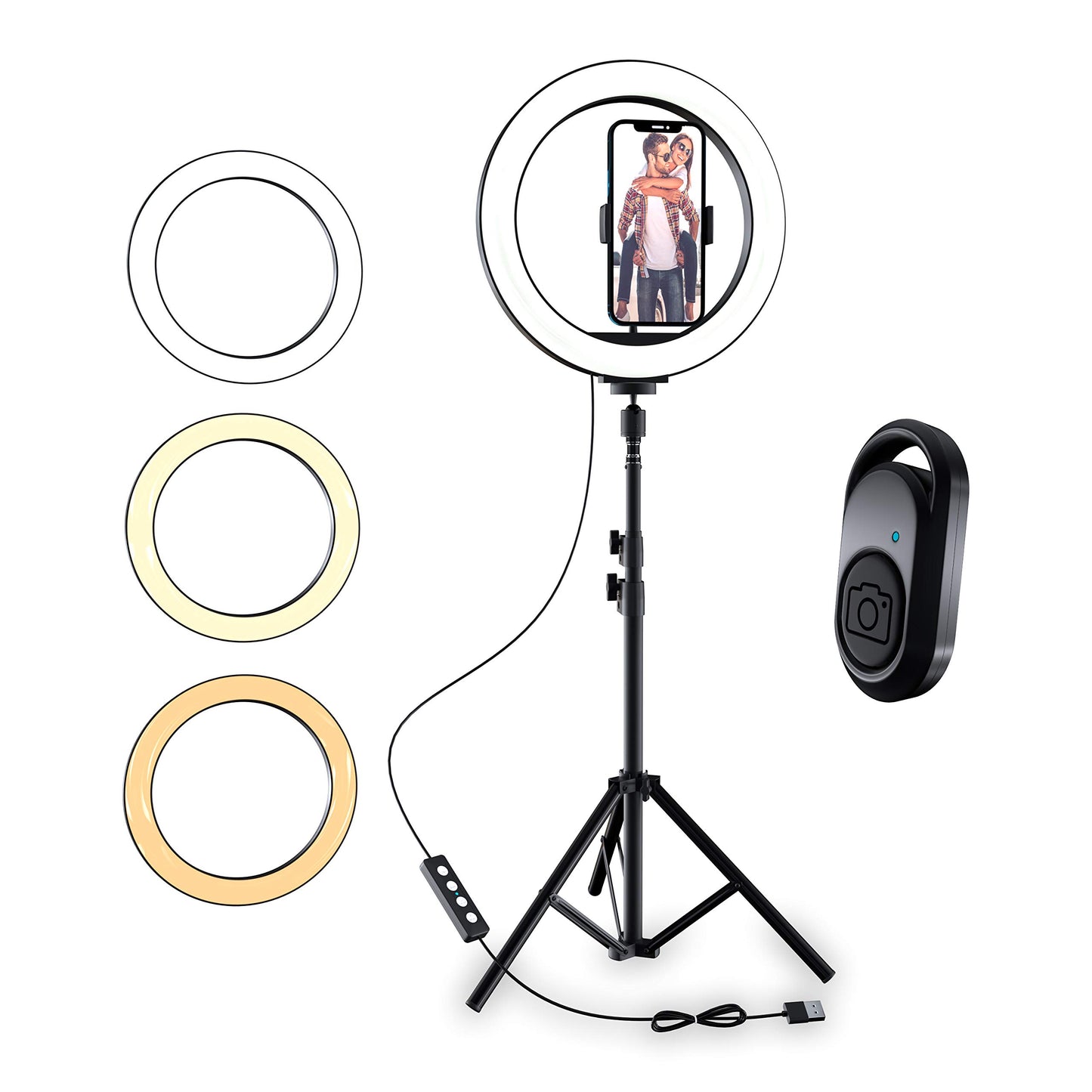 TalkWorks 10'' Selfie Ring Light with Phone Holder Tripod Stand - 3 Color Modes, USB Powered, Black