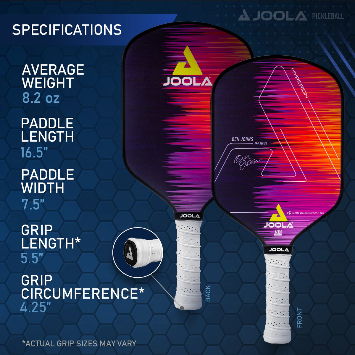 JOOLA Ben Johns Hyperion Pickleball Paddle - Carbon Surface, Elongated Handle, Polypropylene Core, Custom Cover