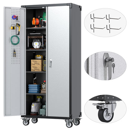 Reemoon 72" H Metal Garage Storage Cabinet with Wheels, Rolling Tool Storage Cabinet with Pegboard and 4 Adjustable Shelves for Garage Home Office Utility Room,Required Assembly