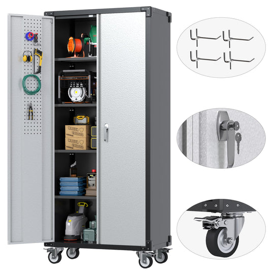 Reemoon 72" H Metal Garage Storage Cabinet with Wheels, Rolling Tool Storage Cabinet with Pegboard and 4 Adjustable Shelves for Garage Home Office Utility Room,Required Assembly