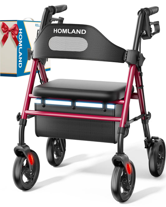HOMLAND Foldable Rollator Walkers with Seat for Seniors, 8'' Big Wheels, 350 lb. Weight Capacity, Adjustable Handles and Seat Height, Lightweight Rolling Walker, Red