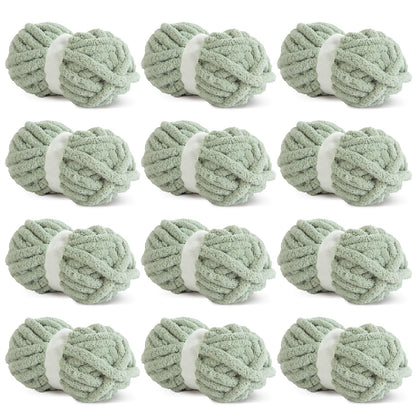 Hombys Sage Green Chunky Chenille Yarn for Crocheting and Knitting, Super Bulky Thick Fluffy Yarn for Hand Knitting Blanket, Soft Plush Yarn, 12 Jumbo Pack (27 yds, 8 oz Each Skein)