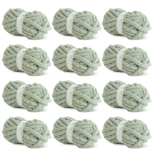 Hombys Sage Green Chunky Chenille Yarn for Crocheting and Knitting, Super Bulky Thick Fluffy Yarn for Hand Knitting Blanket, Soft Plush Yarn, 12 Jumbo Pack (27 yds, 8 oz Each Skein)