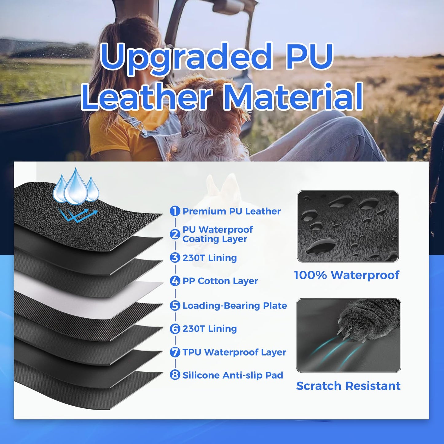 HOB4U Back Seat Extender for Dogs, Hard Bottom Dog Car Seat Cover for Truck Back Seat, Upgraded PU Leather Dog Hammock for Car, Waterproof, Anti Scratch, Larger Space, Holds 400lbs