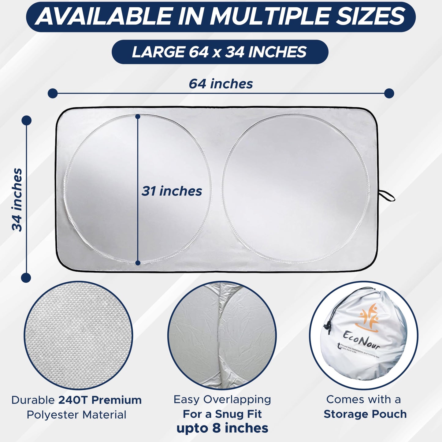 EcoNour Car Shade Front Windshield | Windshield Dash Protector for Maximum UV Rays and Sun Heat Protection | Sun Visor Car Interior Accessory for Cooler Interior | Large (64 x 34 inches)