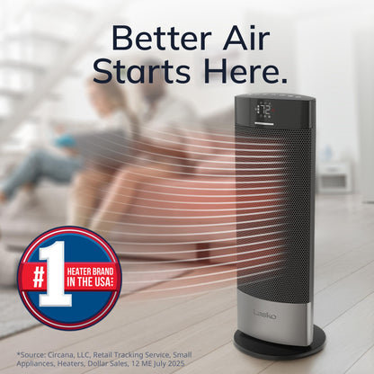 Lasko Ellipse Ceramic Tower Heater for Home with Tipover Switch, Child Lock, Digital Display, Thermostat, Wide Oscillation, Remote, Timer, For Bedroom, Office, Living Room, Den, 1500W, Black, CT18950