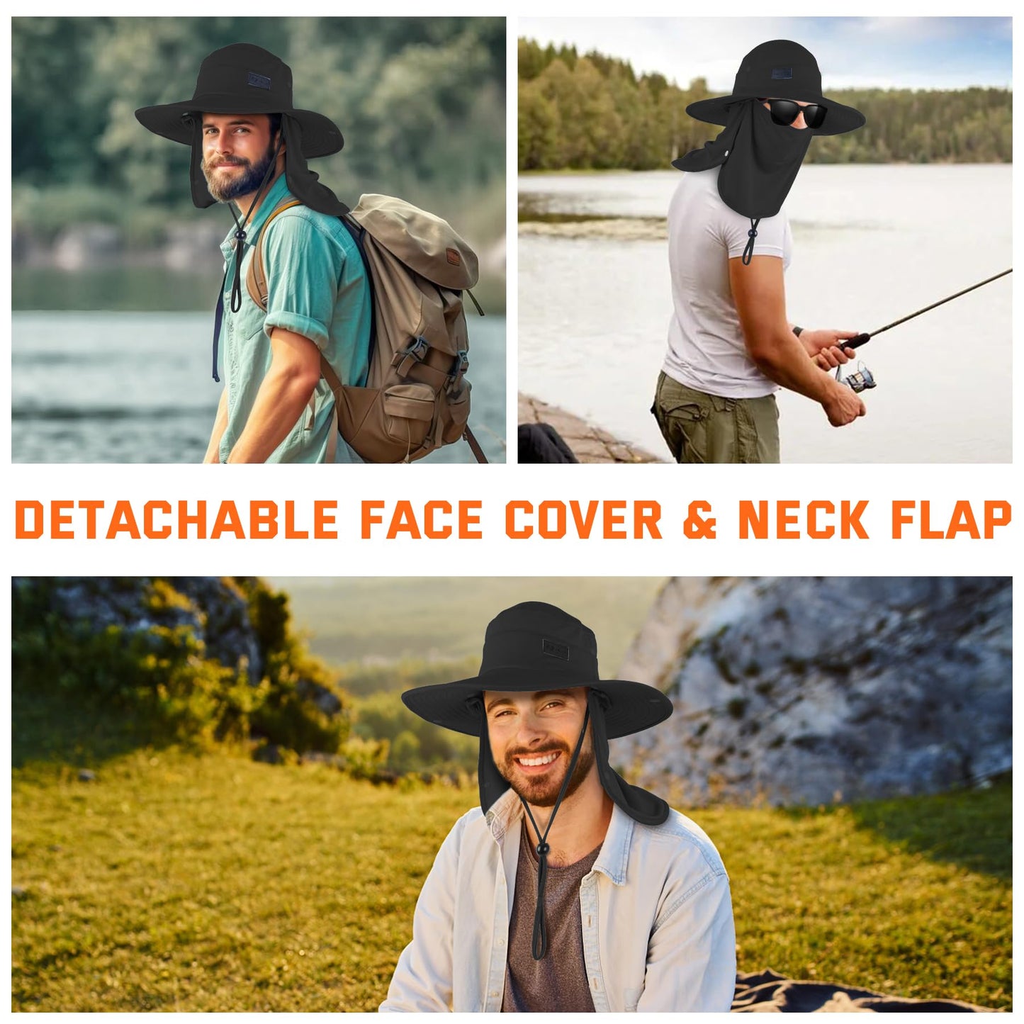 Sukeen Fishing Hat for Men Women, Wide Brim Outdoor UPF 50+ Sun Protection with Detachable Neck Flap and Face Mask (Black)