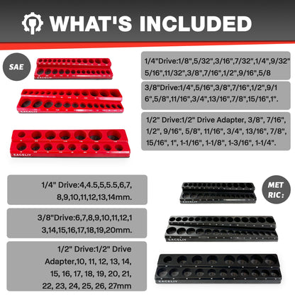 EACELIY 6Pcs Magnetic Socket Organizer Set, 1/2", 1/4" and 3/8" SAE & Metric Deep & Shallow Socket Holder Kit, Socket Trays，holds 143pcs Sockets (sockets not included)