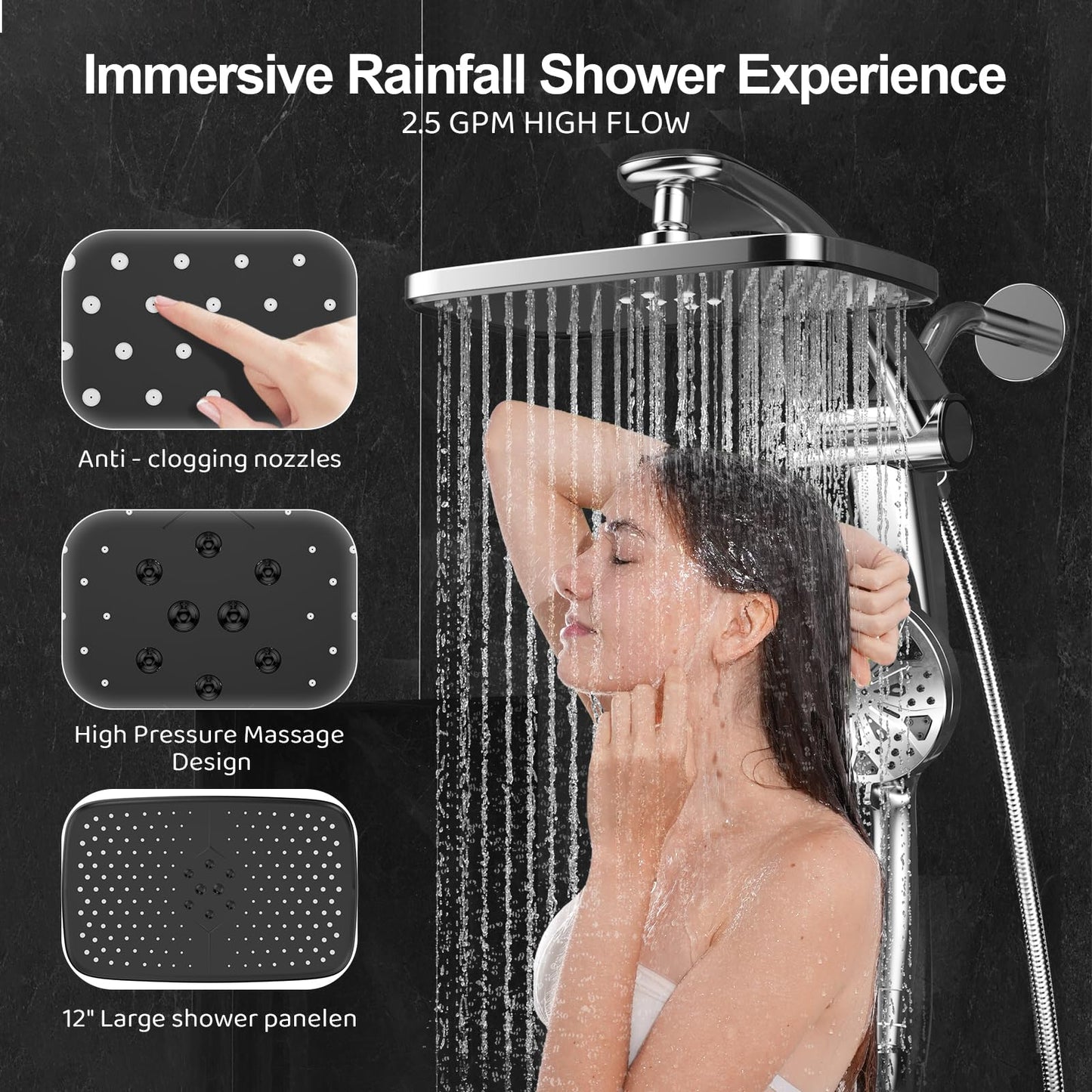 Rain Shower Head with Handheld High Pressure rainfall Shower Heads with Handheld Spray Combo Adjustable one-piece stand daul shower head Built-in Magnetic Docking and Power Jets