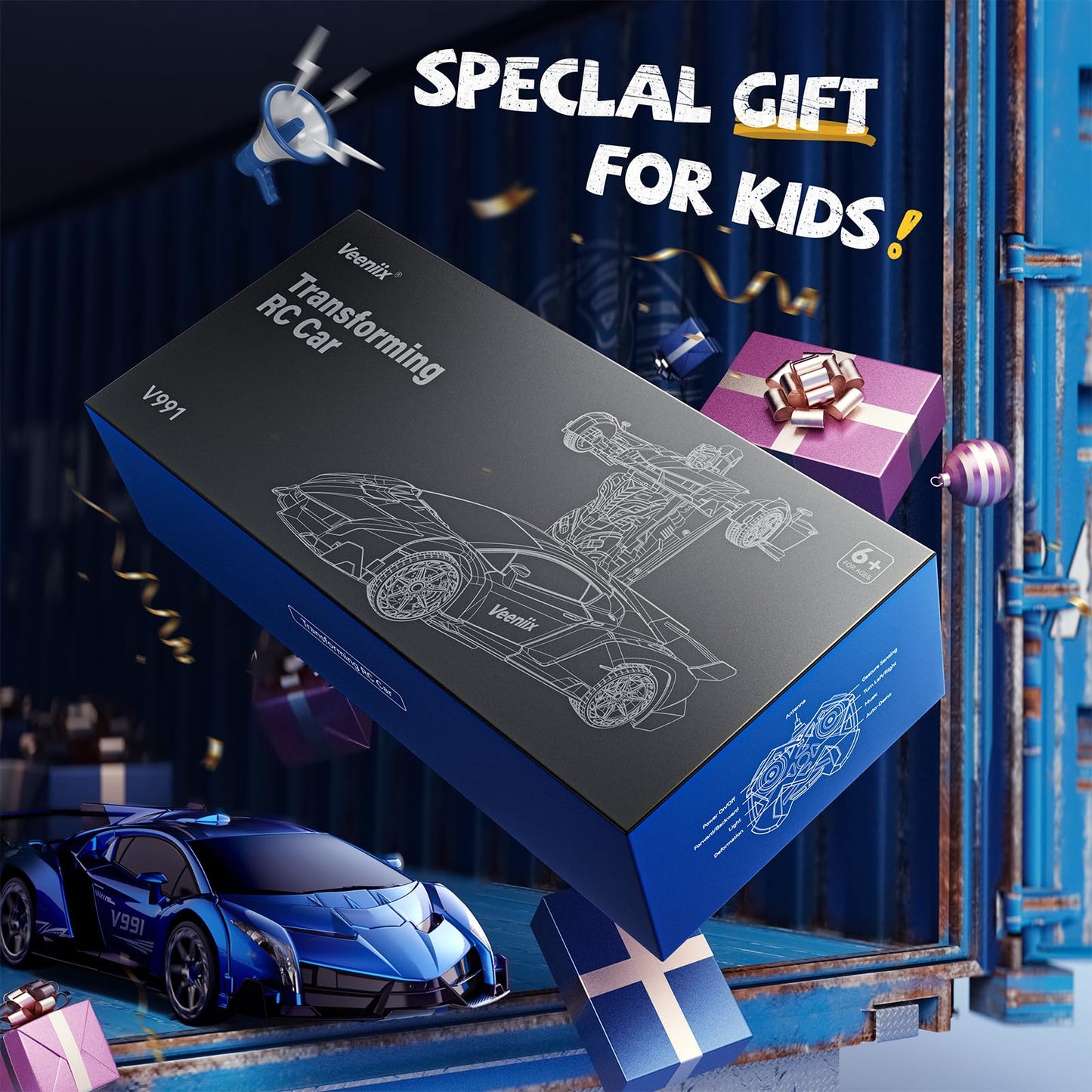 Veeniix V991 Transform Remote Control Car, 1:10 Big Size, 2 Rechargeable Batteries for 70Min, 2.4GHz Gesture Sensing, One-Key Deformation, Robot Toys Gifts for Boys and Girls (Blue)