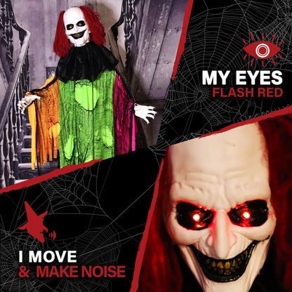 Haunted Hill Farm Life-Size Scary Talking Clown Halloween Animatronic with Motion and Touch Activated Lights and Sounds, Battery Operated Indoor or Covered Outdoor Creepy Halloween Decorations