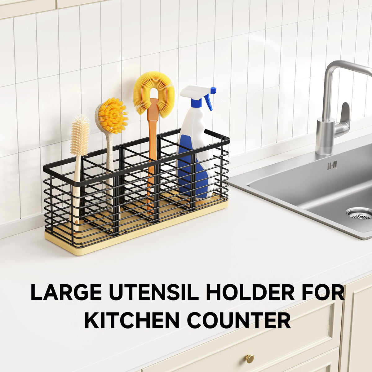 FIGWINET Extra Large Kitchen Utensil Holder, Metal Utensil Organizer with 4 Compartments, Black Cooking Utensil Holder for Kitchen Counter with Wooden Base