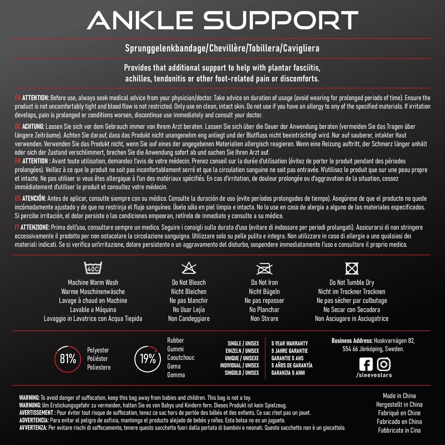 Sleeve Stars Ankle Brace for Sprained Ankle, Plantar Fasciitis Relief Ankle Support for Women, Ankle Compression Sleeve w/ Strap (Single/Black)