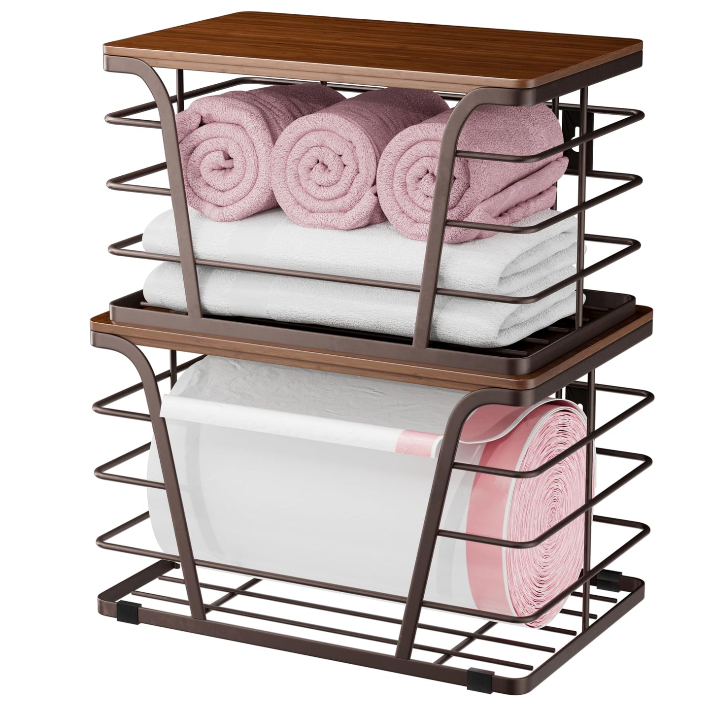 TIDIIABODE Extra Large 2 Pack Stackable Storage Pantry Organizers and Storage, Wall Mount Trash Bag Holder with Bamboo Top and Garbage Bag Dispenser, Brown