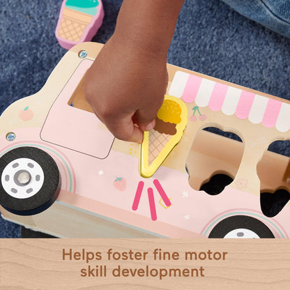 Fisher-Price Wood Toddler Toy Ice Cream Truck Shape Sorter Set, 9 Wooden Pieces for Developmental Play Kids Ages 18+ Months (Amazon Exclusive)