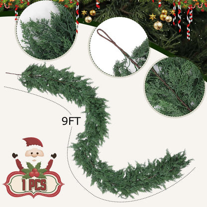 Hananona 9 FT Artificial Cedar Garlands, Real Touch Winter Cedar Pine Garland, Green Artificial Greenery Garland for Table, Mantle, Wall, Indoor, Outdoor Christmas Decorations (1, 9 FT)