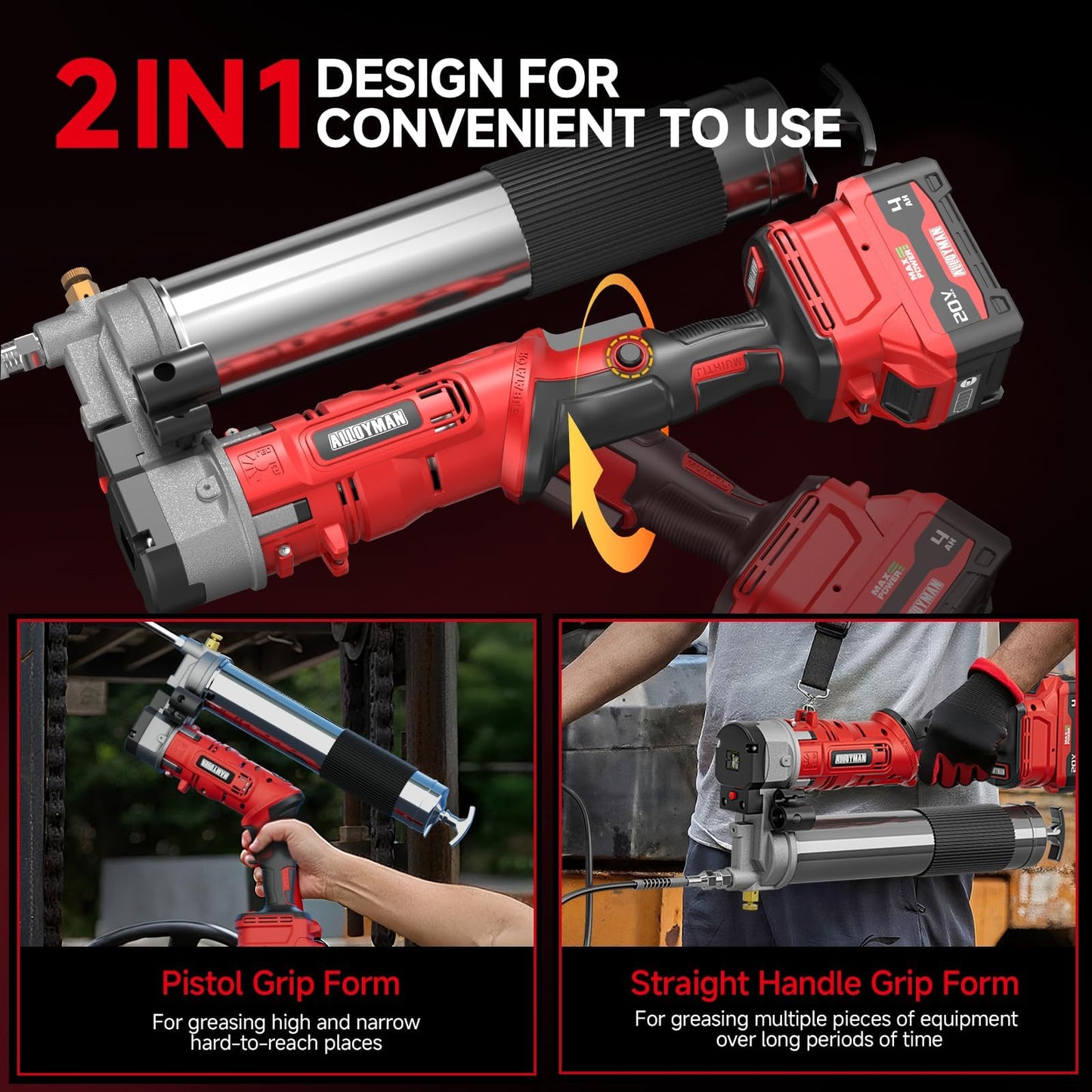 Alloyman 2-in-1 Electric Grease Gun Kit, Upgraded 12,000 PSI,2×4000mAh Batteries,Built for Farmers, Mechanics & Truckers,5.3 oz/min, 39.4” Long Hose& LED Light for Tractors, Trailers,Heavy Equipment