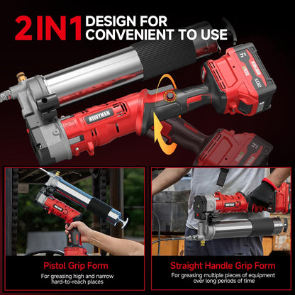 Alloyman 2-in-1 Electric Grease Gun Kit, Upgraded 12,000 PSI,2×4000mAh Batteries,Built for Farmers, Mechanics & Truckers,5.3 oz/min, 39.4” Long Hose& LED Light for Tractors, Trailers,Heavy Equipment