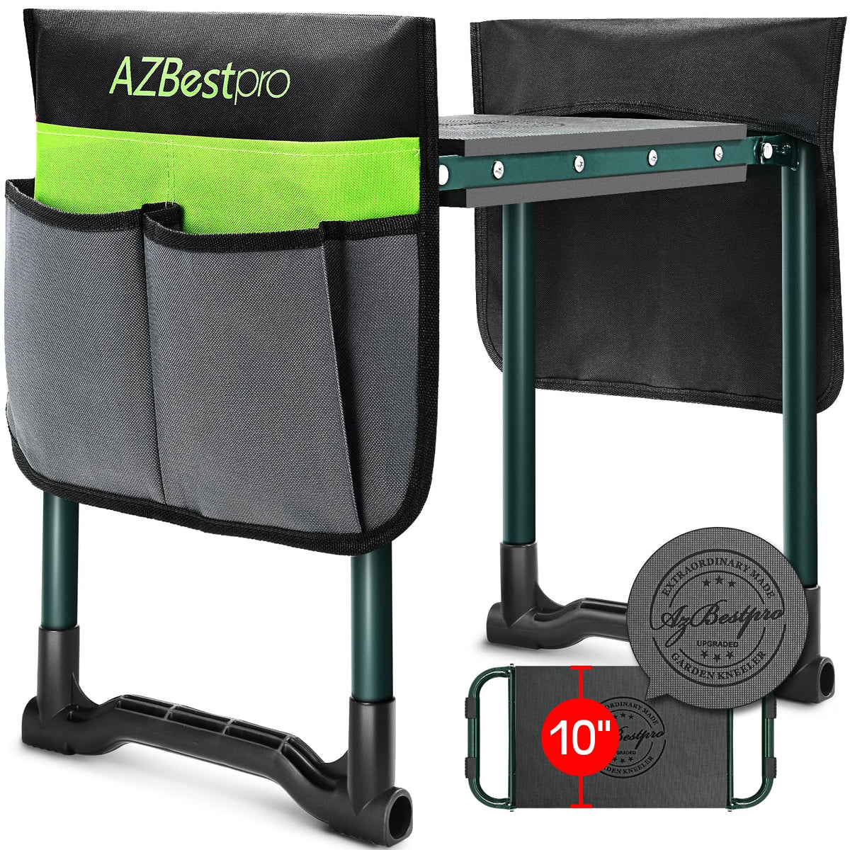Garden Kneeler and Seat Heavy Duty, Upgraded Foldable Gardening Stool - Widened to 10" Stable Wear-resistant Prevent Knee and Back Pain, Beautiful Logo high-end 2 Large Tool Bags Gift for Women