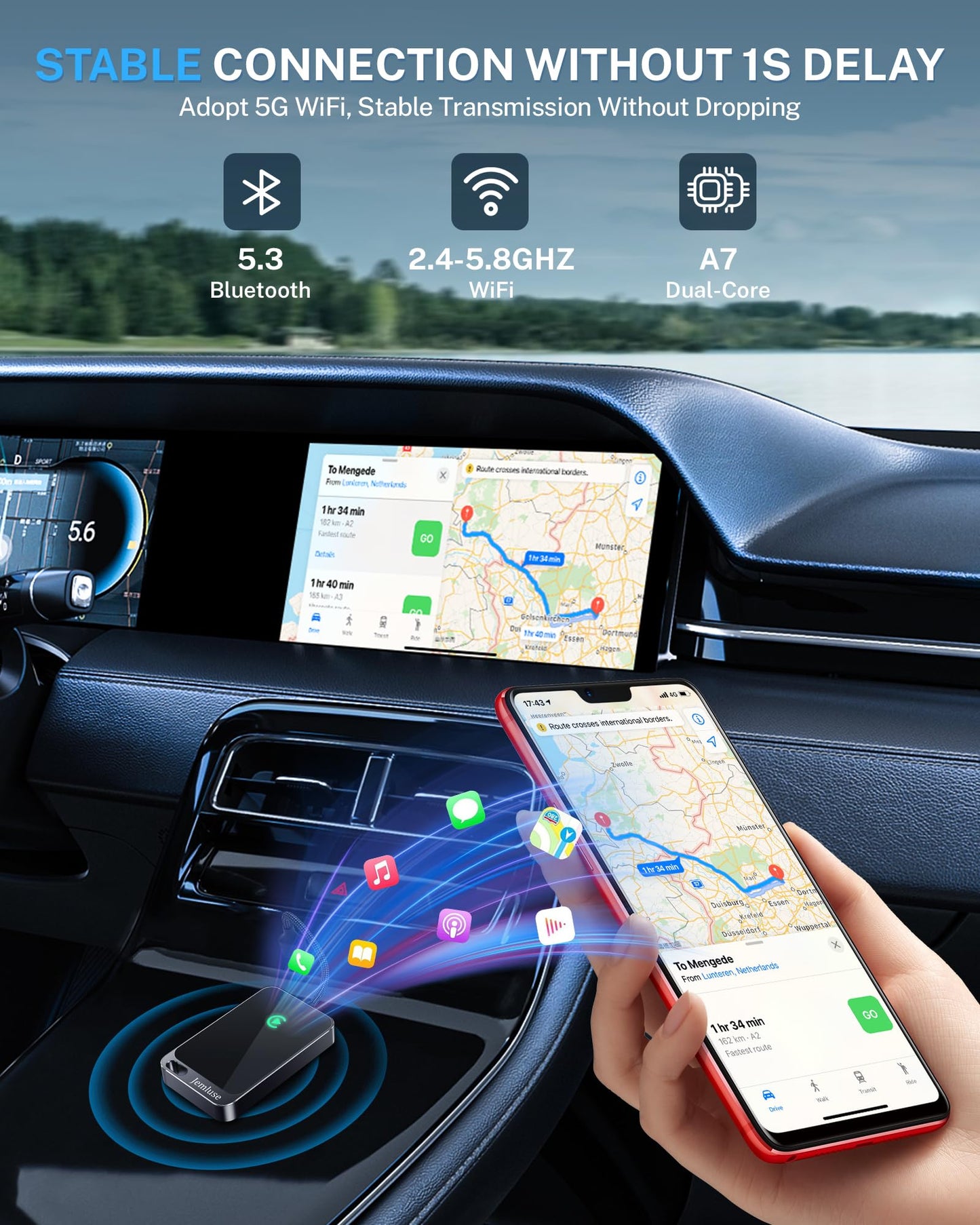 Jemluse Wireless CarPlay Adapter for Apple iPhone - Multi-User Seamless Connection for Convert Wired to Wireless Car Play Adapter - No Latency from iOS 10+ to Screen w/USB C (Gray)