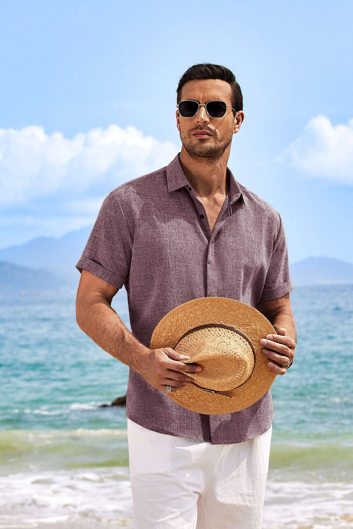 COOFANDY Men's Linen Shirts Short Sleeve Casual Shirts Button Down Shirt for Men Beach Summer Wedding Shirt Dark Red