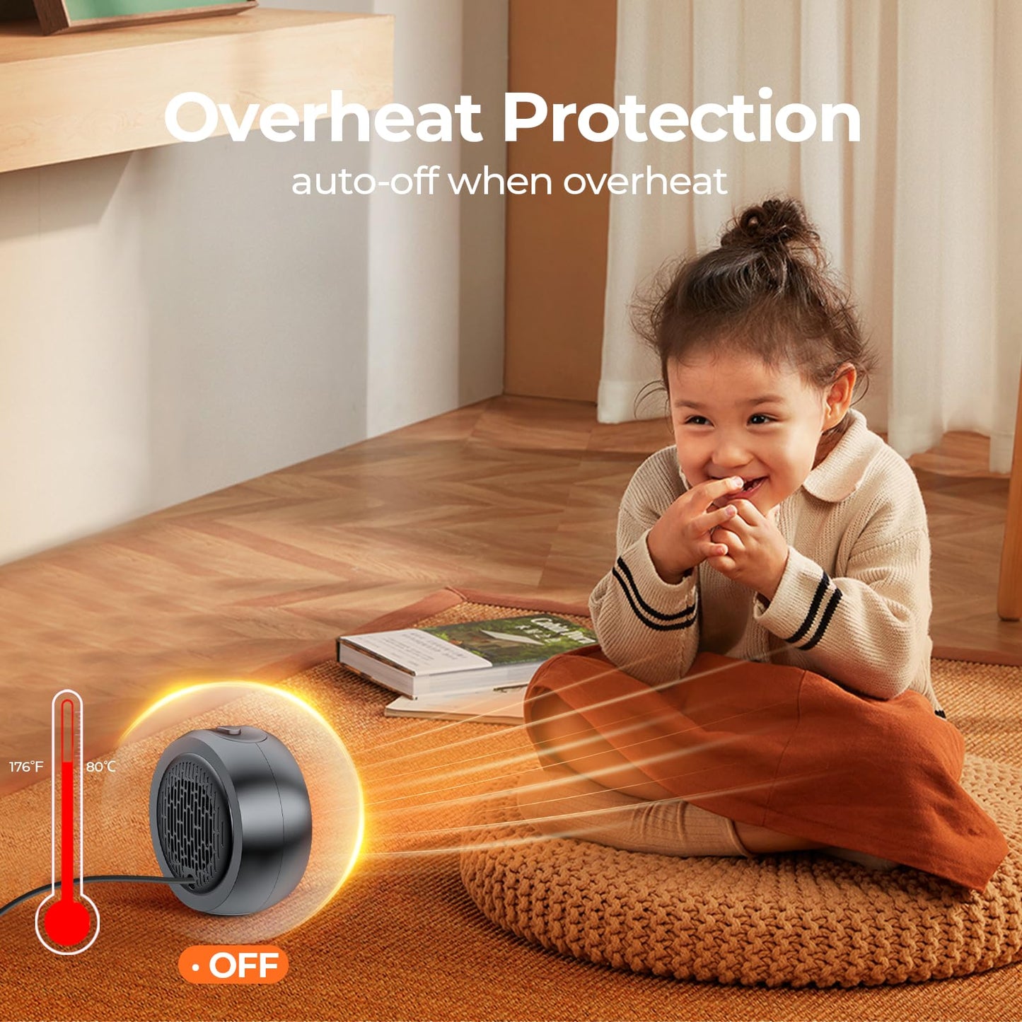 ASNUG Space Heater, Portable Electric PTC Ceramic Heaters for Indoor Use, 2S Efficient Heating, Tip-Over & Overheat Protection, Quiet Small Mini Desk Heater for Bathroom Home Office Bedroom