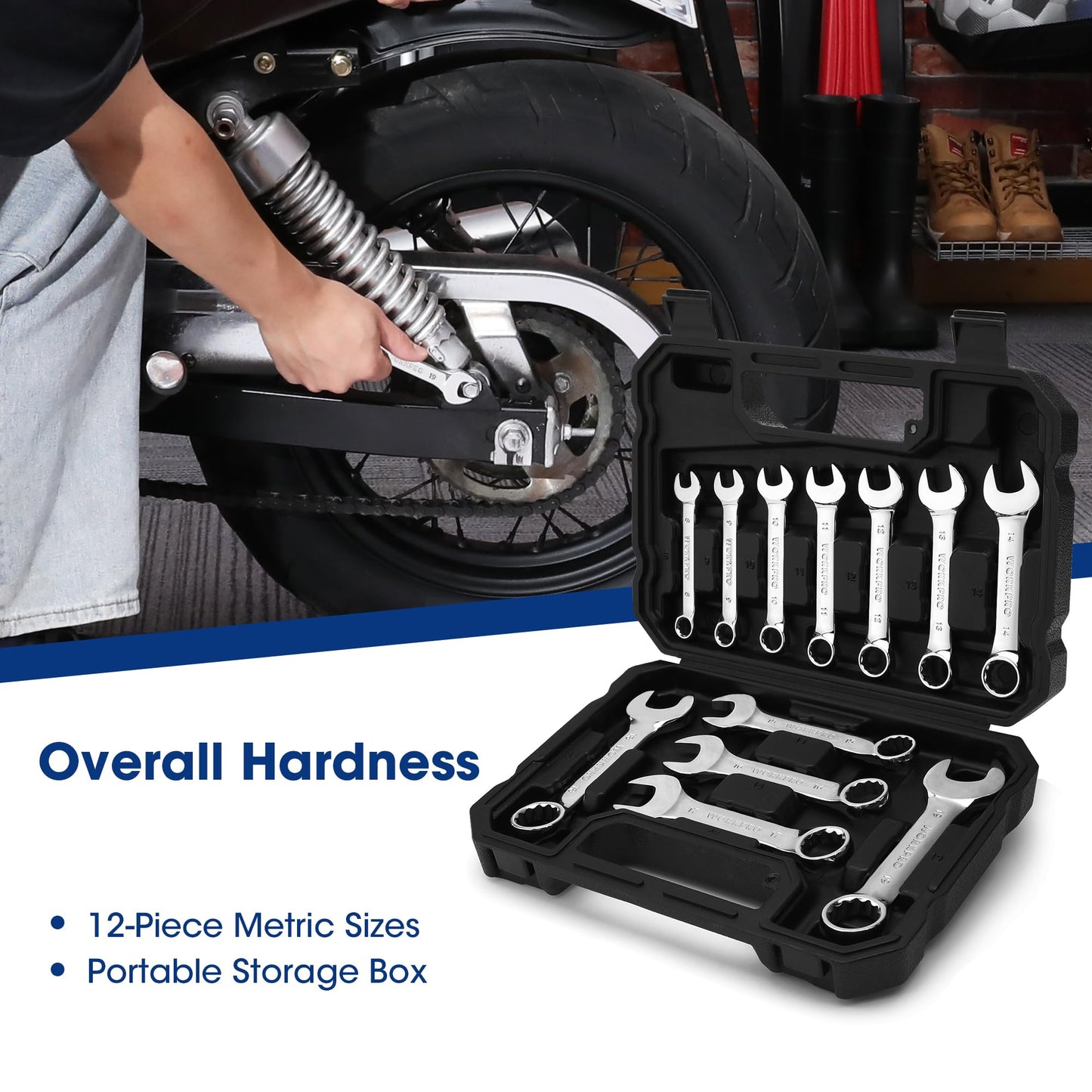 WORKPRO 12-piece Stubby Wrench Set, Metric 8-19mm, Cr-V Steel, Small Combination Wrenches Set with Premium Storage Case