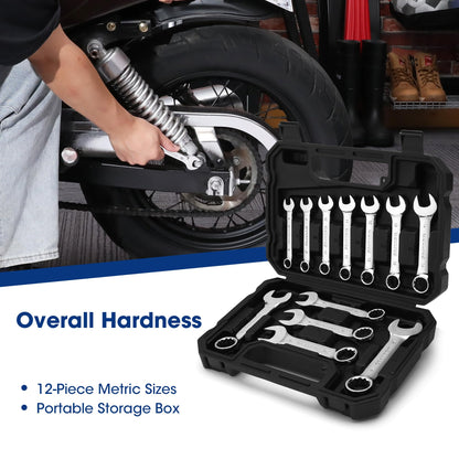 WORKPRO 12-piece Stubby Wrench Set, Metric 8-19mm, Cr-V Steel, Small Combination Wrenches Set with Premium Storage Case