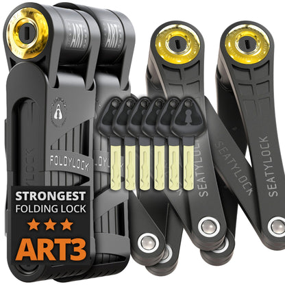Seatylock FoldyLock Forever Folding Bike Lock Set - Patented 2 Matching Bicycle Locks with 6 Identical Keys - 18/18 Heavy Duty Anti Theft Secure Guard with Keys & Case Mount - 35.4"