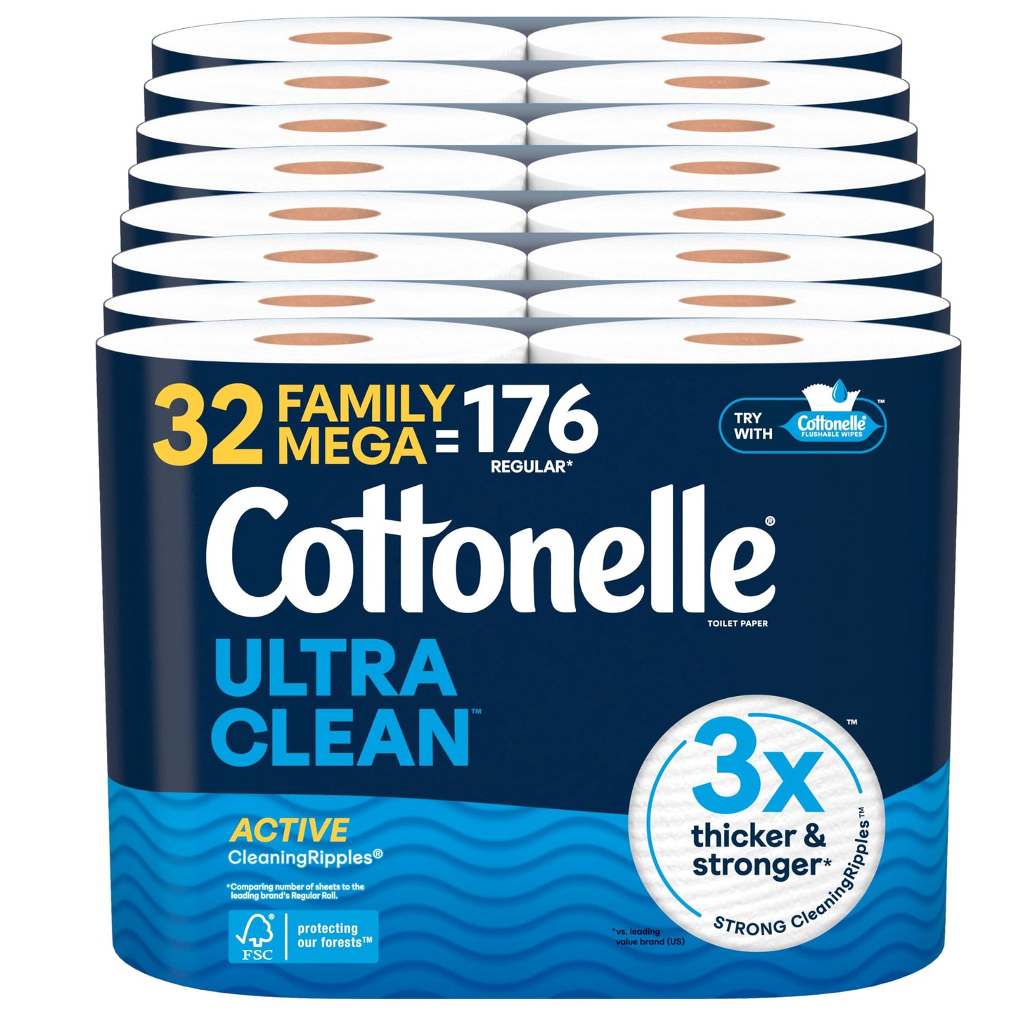 Cottonelle Ultra Clean Toilet Paper with Active CleaningRipples Texture, Strong Bath Tissue, 32 Family Mega Rolls = 176 Regular Rolls (8 Packs of 4)