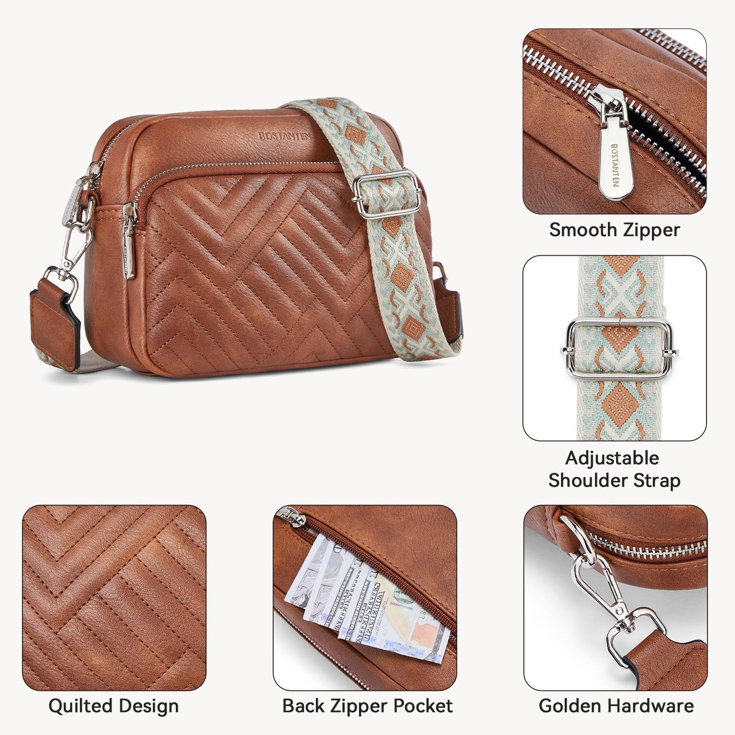 BOSTANTEN Quilted Crossbody Bags for Women Vegan Leather Purses Small Shoulder Handbags with Wide Strap
