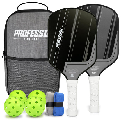 Professor Premier Pickleball Paddle Set of 2 Fiberglass Surface Paddles, 4 Balls, Carrying Bag & Grips - 2024 USAPA Approved!…