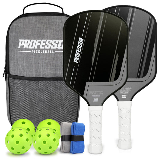 Professor Premier Pickleball Paddle Set of 2 Fiberglass Surface Paddles, 4 Balls, Carrying Bag & Grips - 2024 USAPA Approved!…