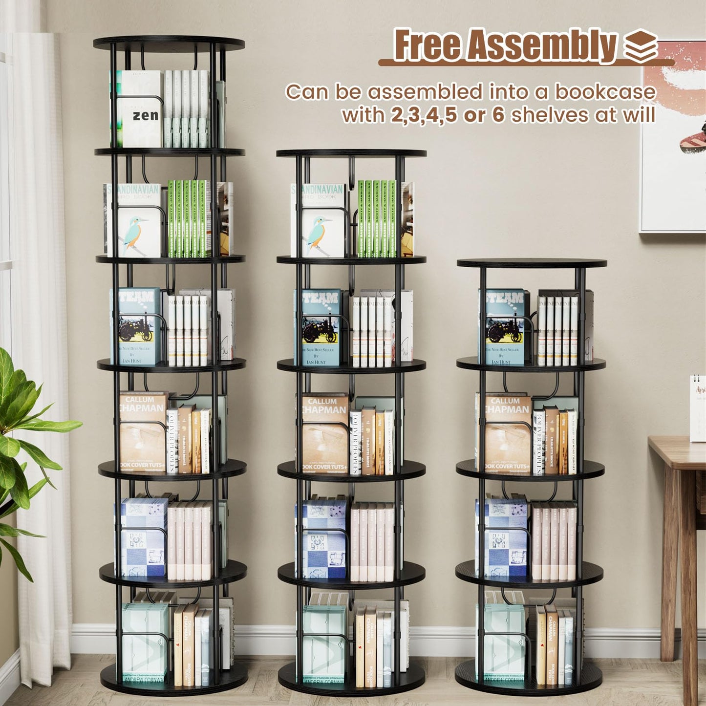 ALLSTAND 6 Tier Rotating Bookshelf, 360 ° Display Stackable Spinning Bookshelf Tower, Corner Bookshelf Tall Floor Standing Swivel Bookcase Narrow Storage Organizer for Bedroom, Living Room, Black