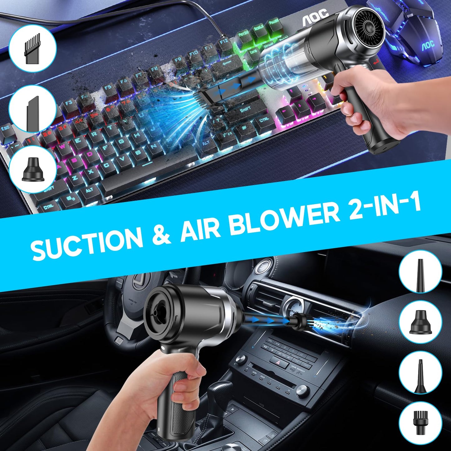 KMM Handheld Car Vacuum Cleaner, 10000PA Vacuum Cleaner & Air Duster, 120W High Power Vacuum Portable Cordless, Hand Held Vacuum Rechargeable with Multi-Nozzles & LED Light for Home, Car, Office